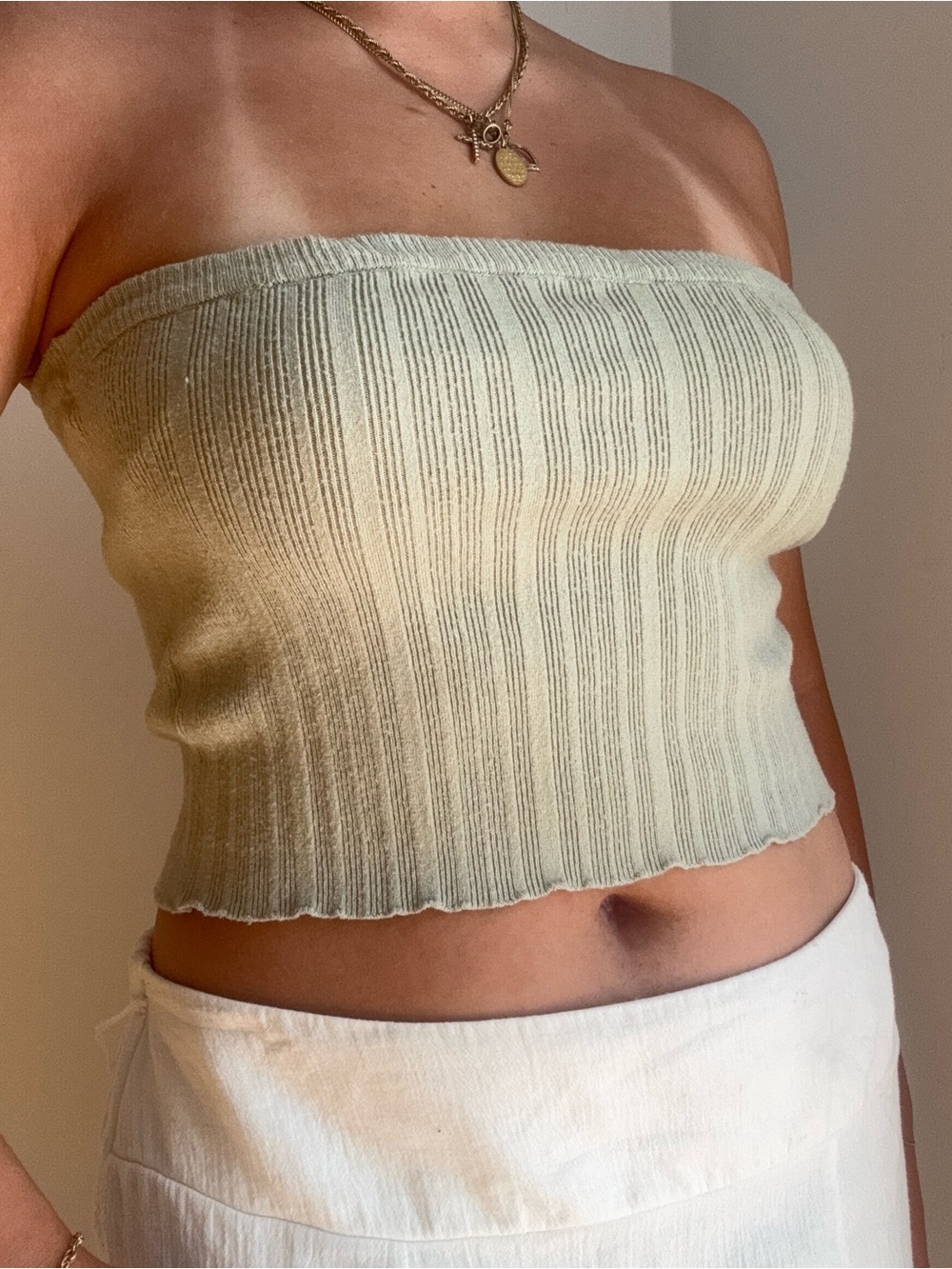 Aeropostale Sage Green Ribbed Strapless Crop Top